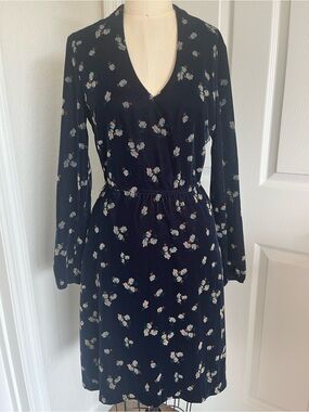 CAbi Navy Floral V-Neck Long Puff Sleeve Velvet Dress Renaissance Fall Holiday